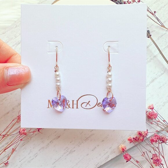 New Crystal Heart and Mini Freshwater Pearl Earrings | Handmade in BC - Picture 1 of 7